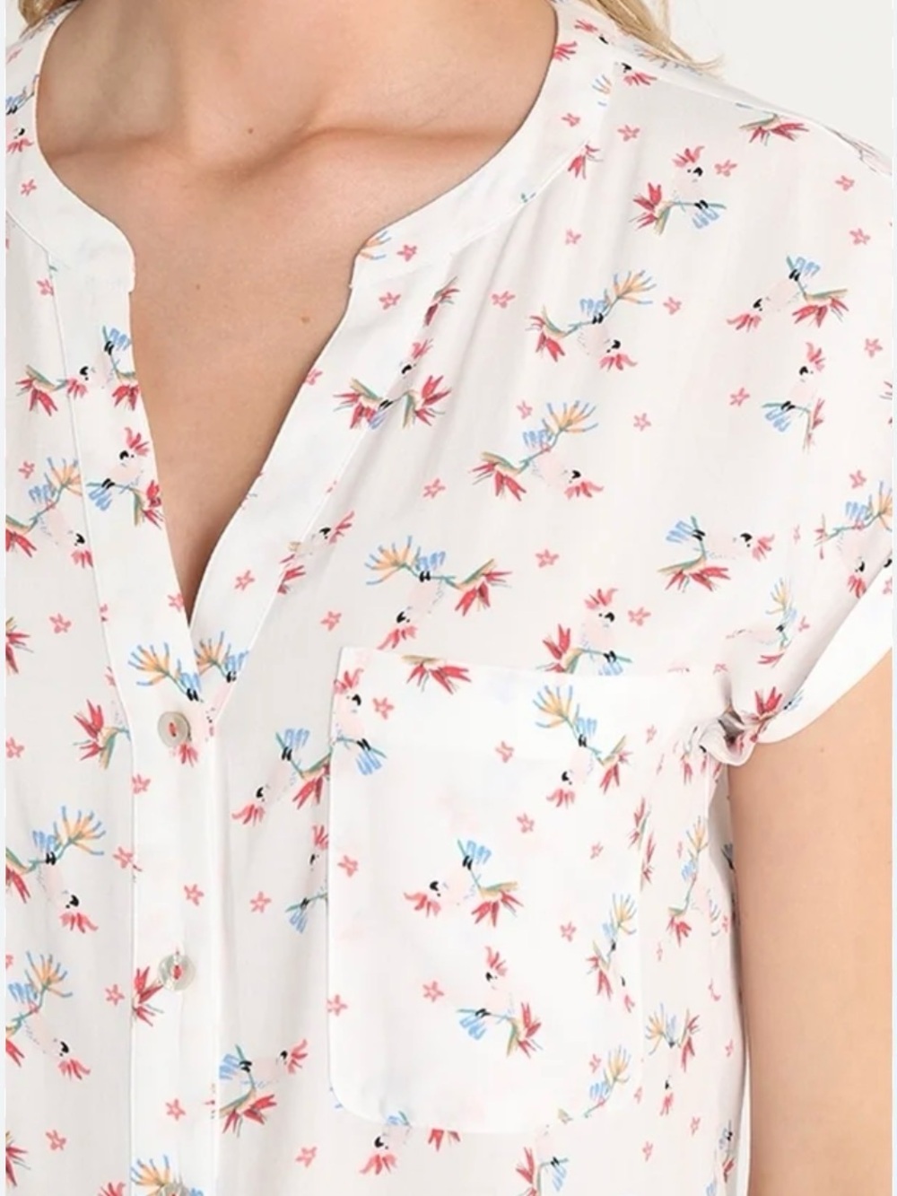 EDC by Esprit White Floral and Parrot Print Short Sleeve Button Top
